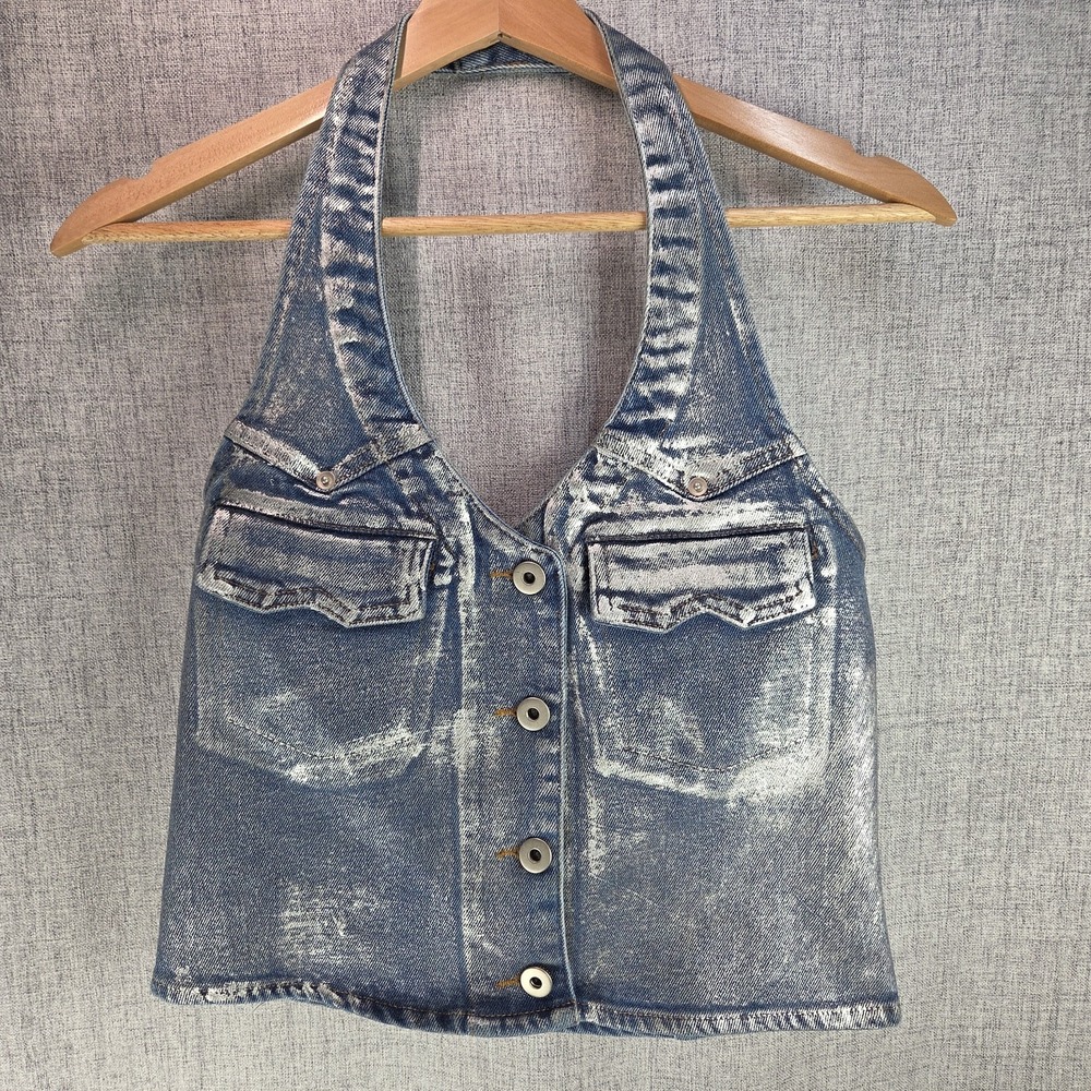 Denim Y2K Vest Women's Jean Halter Crop Top Medium Western Boho Festival
